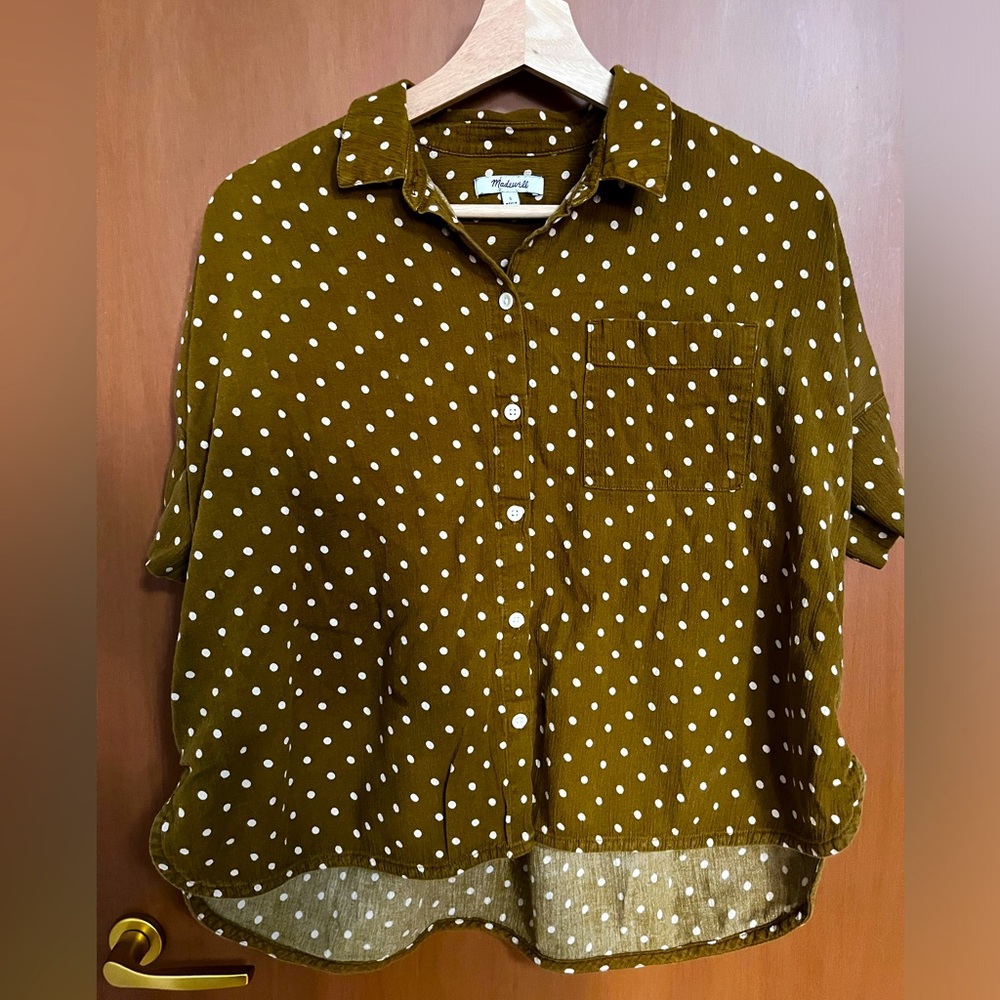 Madewell Oversized Button Down in Olive and Cream, Small/Medium